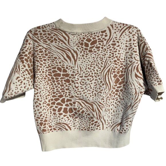 Ann Taylor Knit Cropped Sweater Womens L Animal Print Cream & Brown Short Sleeve - Picture 2 of 5